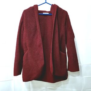 Plush Fleece Hooded Open-Front Cardigan Sweater with Pockets S/M